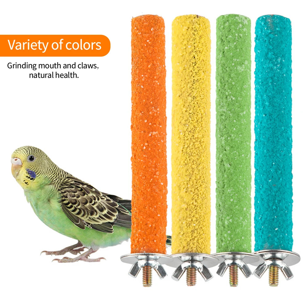 olorful natural wood bird perch with a textured sand coating, designed for claw grinding and beak health. Ideal for small pet birds like budgies, cockatiels, lovebirds, and finches, as well as small pets like hamsters and squirrels. Available in 10cm and 20cm sizes, this durable perch helps with chewing, exercise, and mental stimulation.